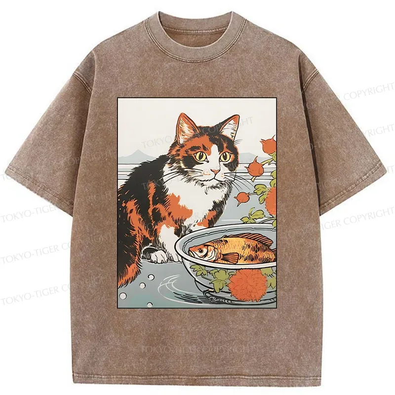 Tokyo-Tiger Cat Watching Koi Washed T-Shirt