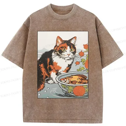 Tokyo-Tiger Cat Watching Koi Washed T-Shirt