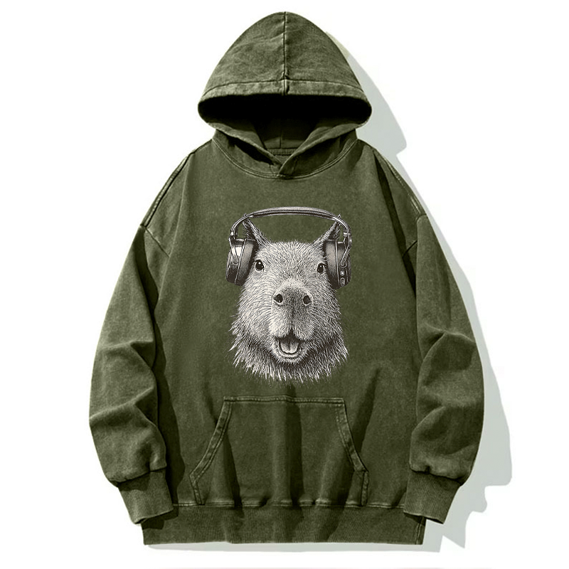 Tokyo-Tiger Capybara Listening To Music Washed Hoodie