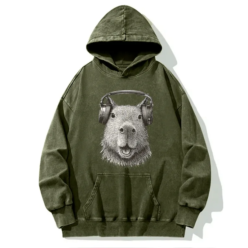 Tokyo-Tiger Capybara Listening To Music Washed Hoodie