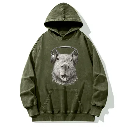 Tokyo-Tiger Capybara Listening To Music Washed Hoodie