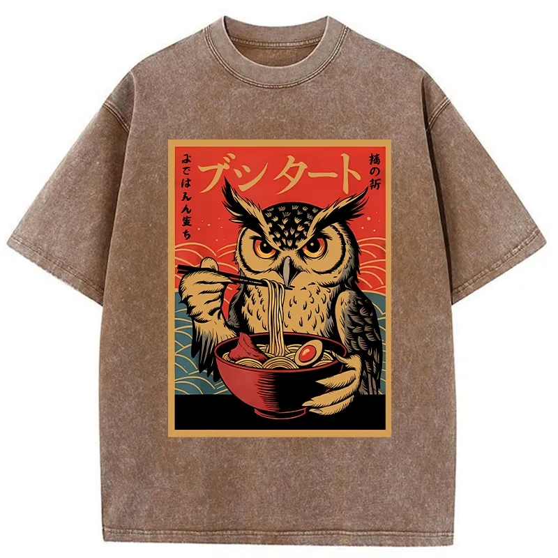 Tokyo-Tiger Ramen Lover Owl Washed T-Shirt Sale