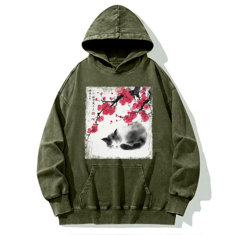 Tokyo-Tiger Ink Wash Painting: A Cat Lying Flat Under The Tree Washed Hoodie