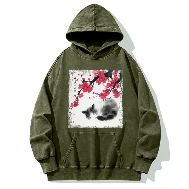 Tokyo-Tiger Ink Wash Painting: A Cat Lying Flat Under The Tree Washed Hoodie