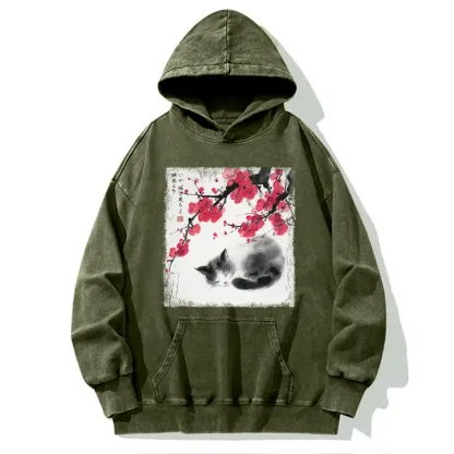 Tokyo-Tiger Ink Wash Painting: A Cat Lying Flat Under The Tree Washed Hoodie