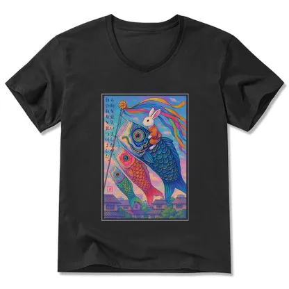 Tokyo-Tiger Ukiyoe Rabbit Ride Carp Streamer Poster V-Neck Classic T-Shirt