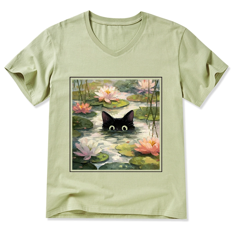 Tokyo-Tiger Black Cat and Lotus Flower V-Neck Classic T-Shirt