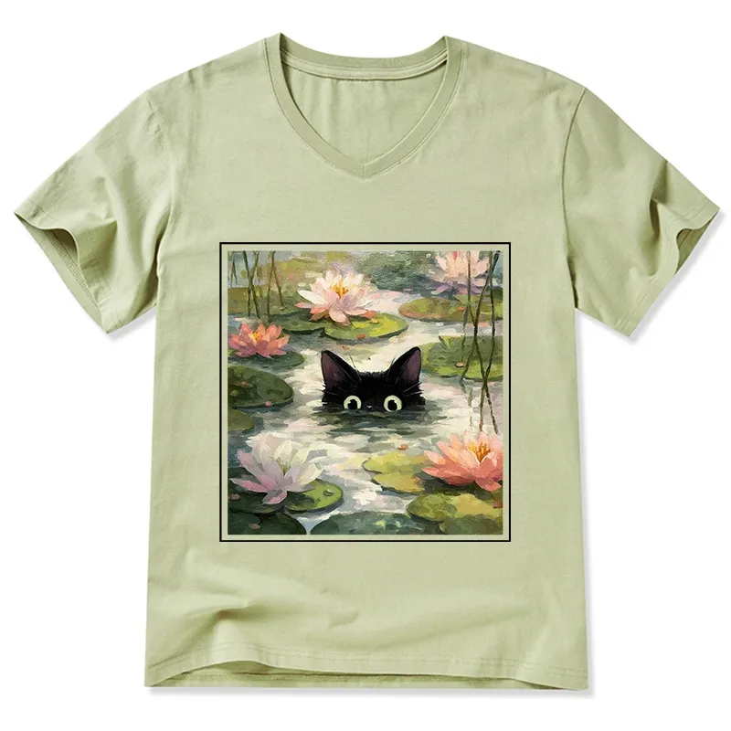Tokyo-Tiger Black Cat and Lotus Flower V-Neck Classic T-Shirt