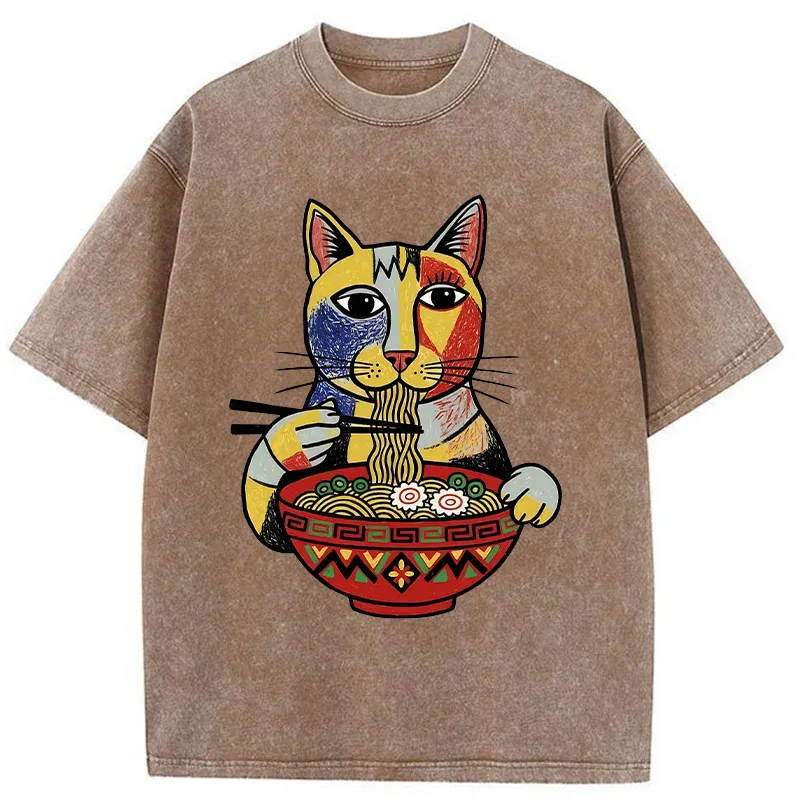 Tokyo-Tiger Abstract Cat Eating Ramen Washed T-Shirt
