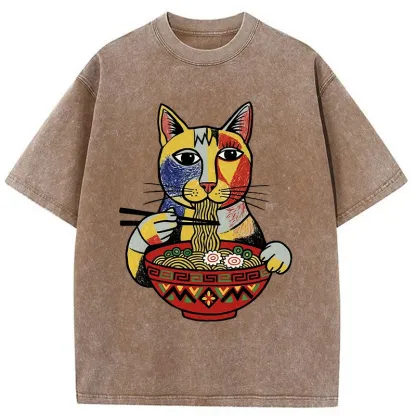 Tokyo-Tiger Abstract Cat Eating Ramen Washed T-Shirt