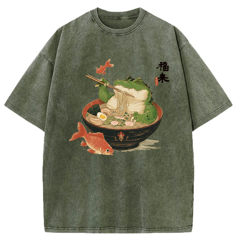 Tokyo-Tiger Fat Crocodile Eating Ramen Washed T-Shirt