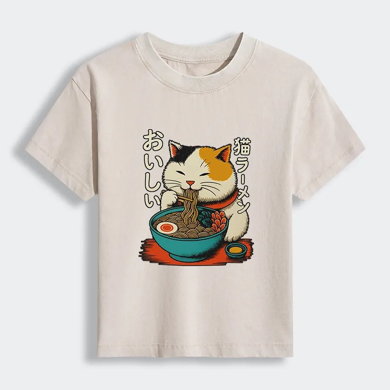 Tokyo-Tiger Cute Eat Eating Japanese Ramen Women's Washed T-shirt