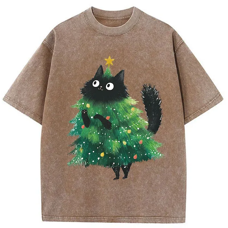 Tokyo-Tiger Christmas Tree Cat Washed T-Shirt