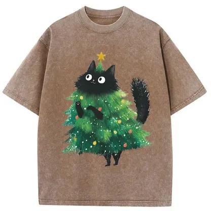 Tokyo-Tiger Christmas Tree Cat Washed T-Shirt