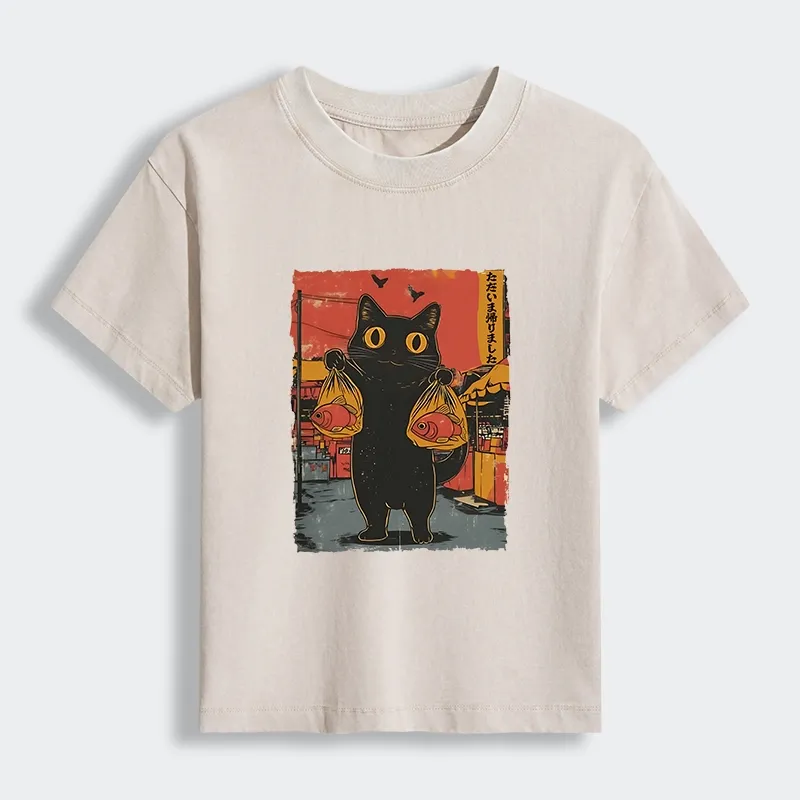 Tokyo-Tiger Cat Fishing Japanese Women's Washed T-shirt