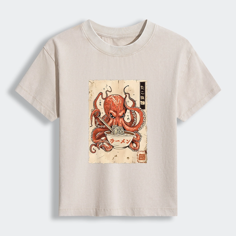 Tokyo-Tiger Retro Octopus Eating Ramen Women's Washed T-shirt
