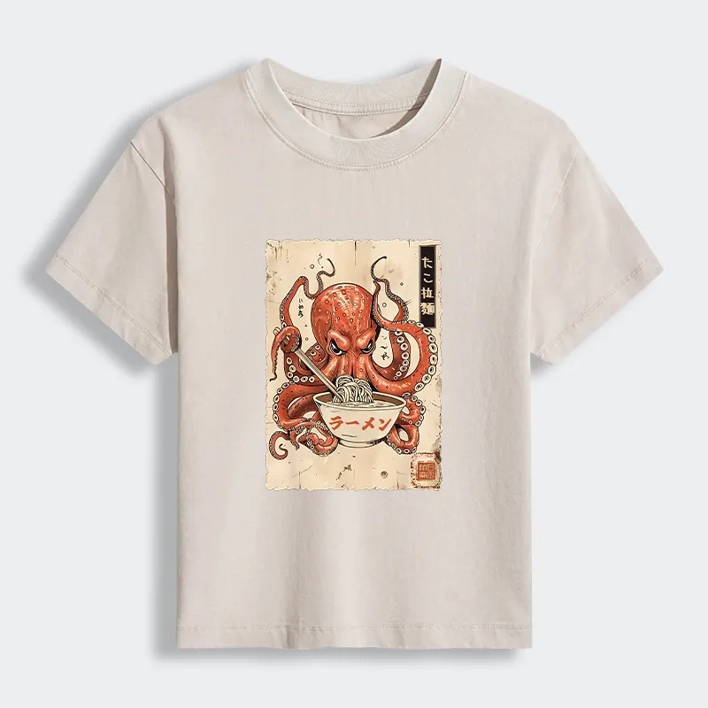 Tokyo-Tiger Retro Octopus Eating Ramen Women's Washed T-shirt