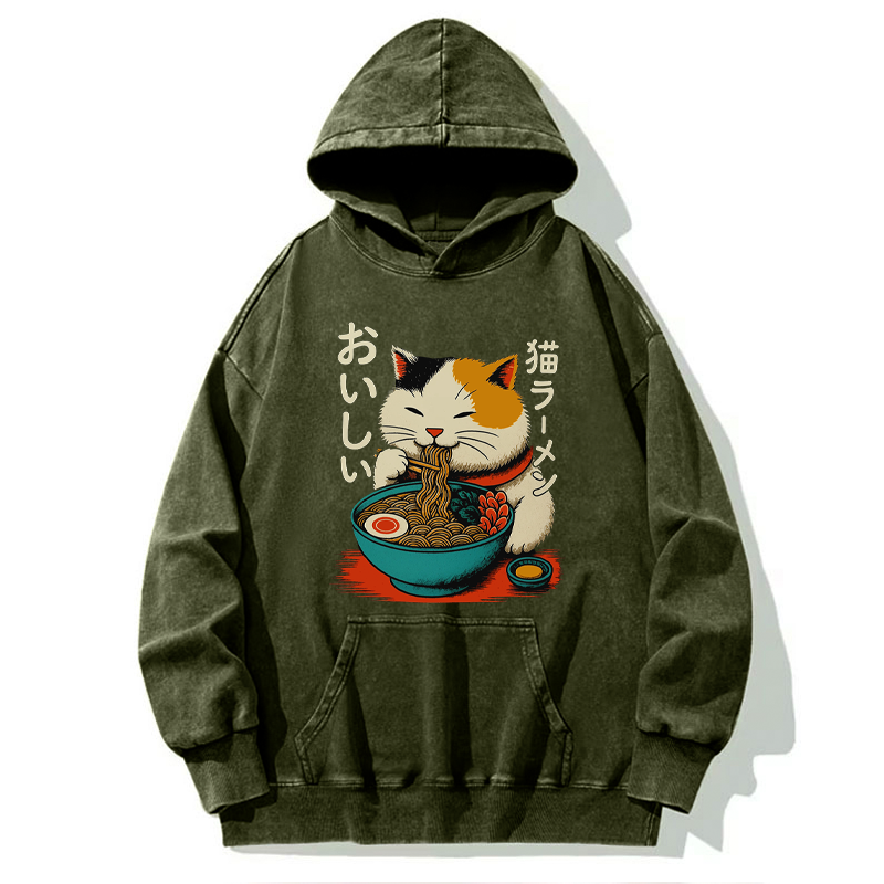 Tokyo-Tiger Cute Eat Eating Japanese Ramen Washed Hoodie