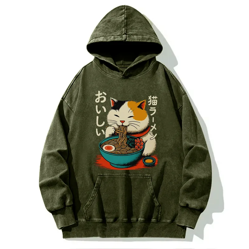 Tokyo-Tiger Cute Eat Eating Japanese Ramen Washed Hoodie