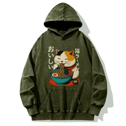 Tokyo-Tiger Cute Eat Eating Japanese Ramen Washed Hoodie