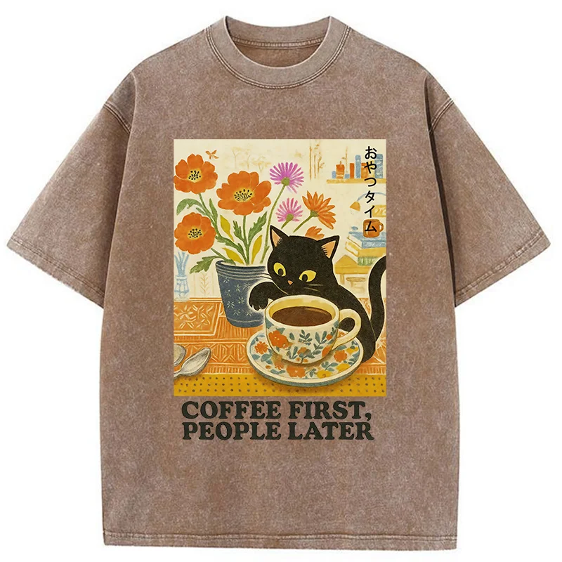 Tokyo-Tiger Kitten Drinks Coffee First Washed T-Shirt