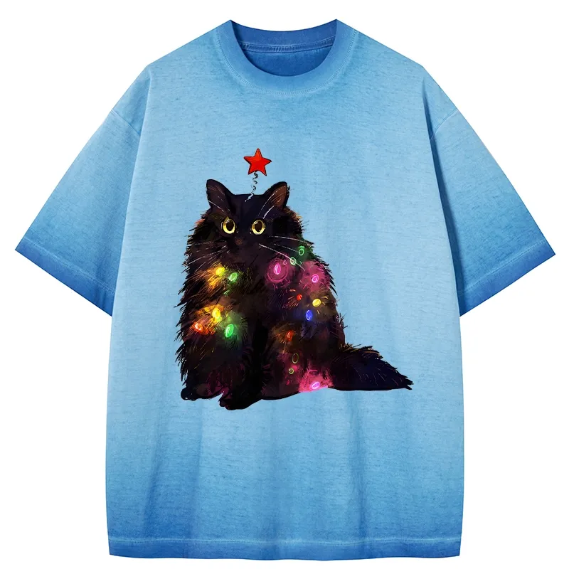 Tokyo-Tiger Christmas Lights Cat Gradient Washed T-Shirt