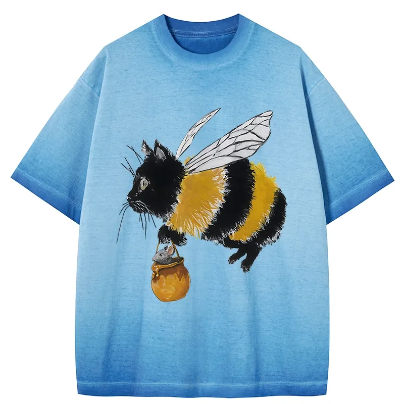 Tokyo-Tiger Catbee Funny Gradient Washed T-Shirt