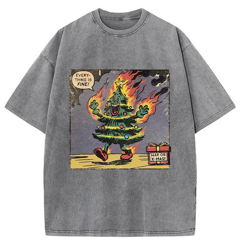 Tokyo-Tiger Christmas Tree On Fire Washed T-Shirt
