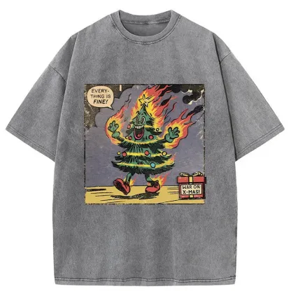 Tokyo-Tiger Christmas Tree On Fire Washed T-Shirt