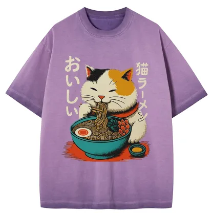Tokyo-Tiger Cute Eat Eating Japanese Ramen Gradient Washed T-Shirt