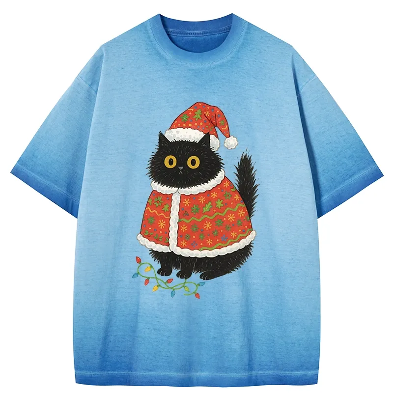 Tokyo-Tiger Cat Wearing Santa Hat Gradient Washed T-Shirt