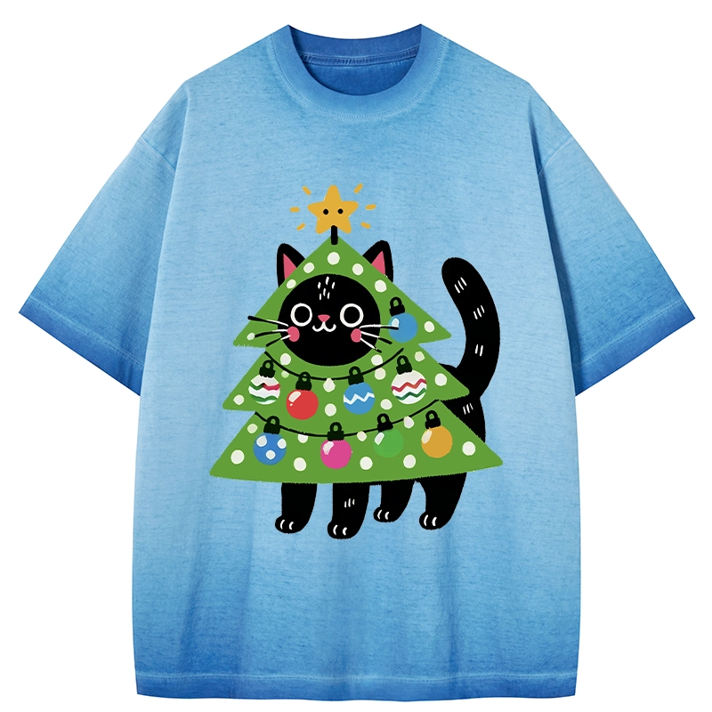 Tokyo-Tiger Christmas Tree Cat Gradient Washed T-Shirt