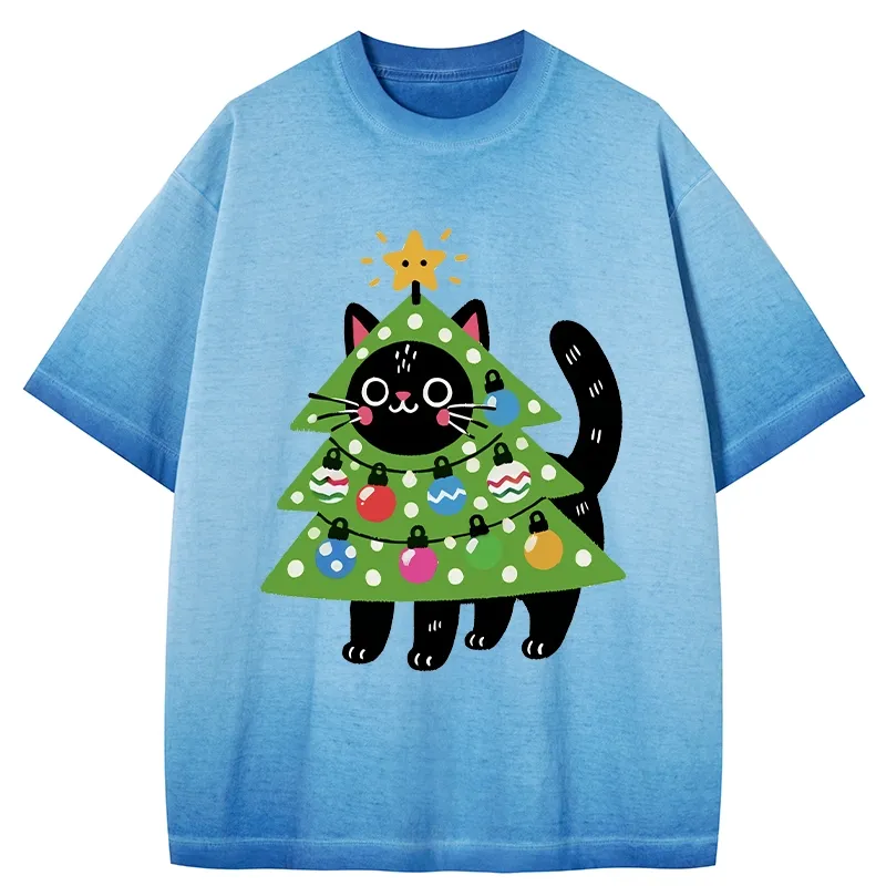 Tokyo-Tiger Christmas Tree Cat Gradient Washed T-Shirt