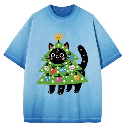 Tokyo-Tiger Christmas Tree Cat Gradient Washed T-Shirt