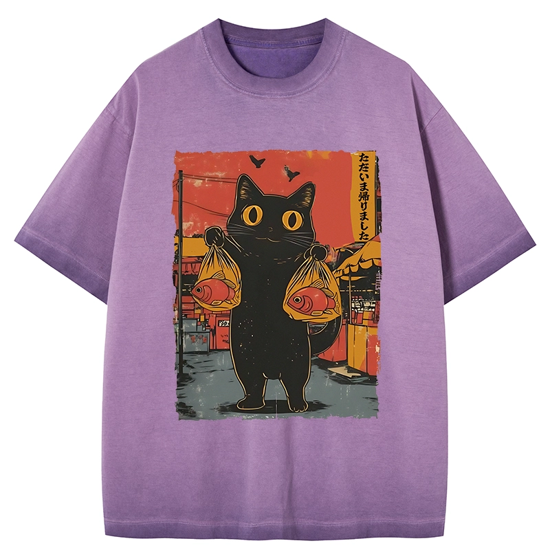 Tokyo-Tiger Cat Fishing Japanese Gradient Washed T-Shirt