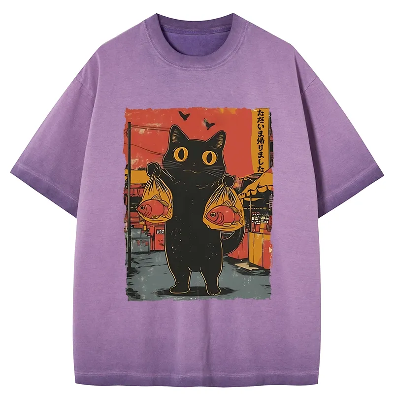 Tokyo-Tiger Cat Fishing Japanese Gradient Washed T-Shirt