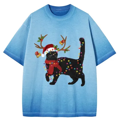 Tokyo-Tiger Christmas Black Cat Gradient Washed T-Shirt