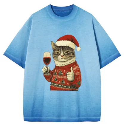 Tokyo-Tiger Christmas Cat Likes Gradient Washed T-Shirt