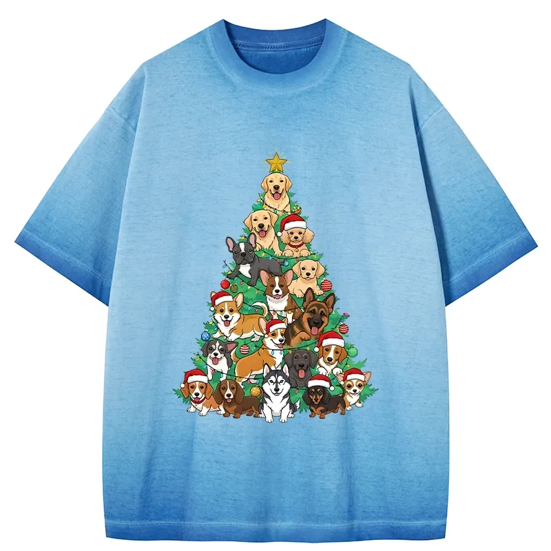 Tokyo-Tiger Christmas Tree Dog Funny Gradient Washed T-Shirt