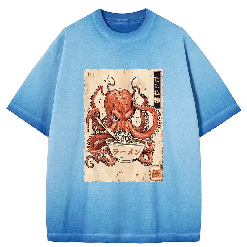 Tokyo-Tiger Retro Octopus Eating Ramen Gradient Washed T-Shirt