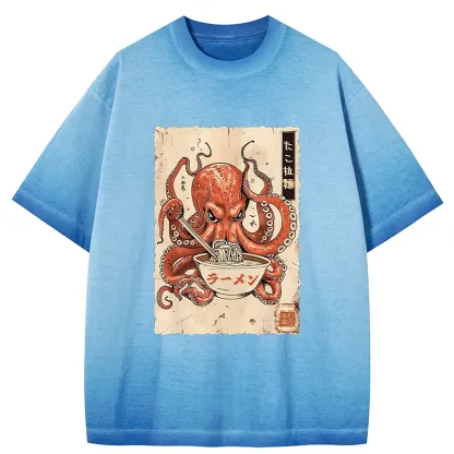 Tokyo-Tiger Retro Octopus Eating Ramen Gradient Washed T-Shirt