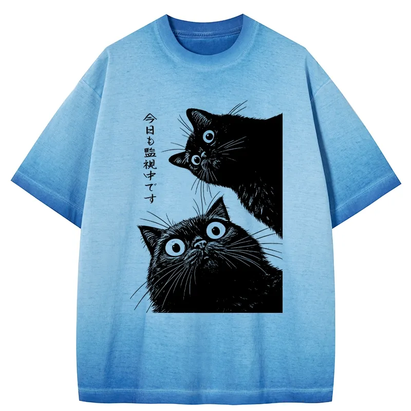 Tokyo-Tiger The Cat Is Watching Today Gradient Washed T-Shirt