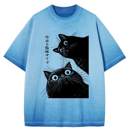 Tokyo-Tiger The Cat Is Watching Today Gradient Washed T-Shirt