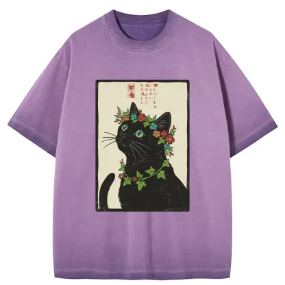 Tokyo-Tiger The Flower-Crowned Cat Gradient Washed T-Shirt