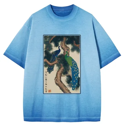 Tokyo-Tiger Peacocks in Snowy Pines Gradient Washed T-Shirt