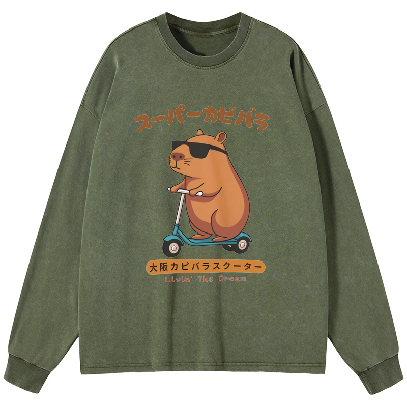 Tokyo-Tiger Osaka Capybara Scooter Washed Long Sleeve T-Shirt