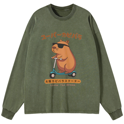Tokyo-Tiger Osaka Capybara Scooter Washed Long Sleeve T-Shirt