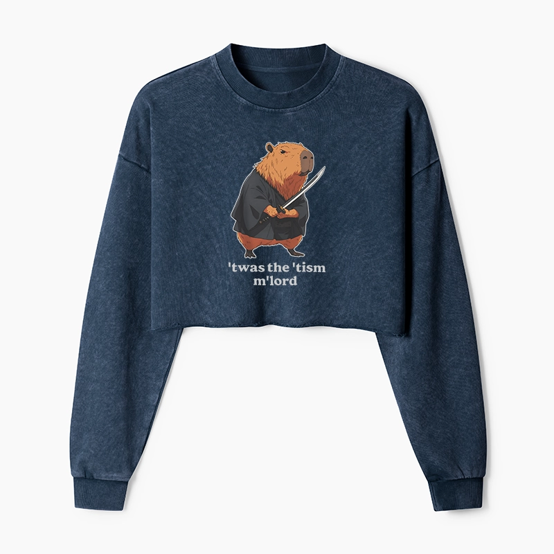 Tokyo-Tiger Focused Samurai Capybara Washed Crop Sweatshirt
