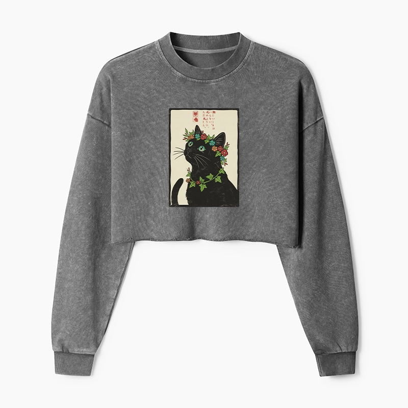 Tokyo-Tiger The Flower-Crowned Cat Washed Crop Sweatshirt