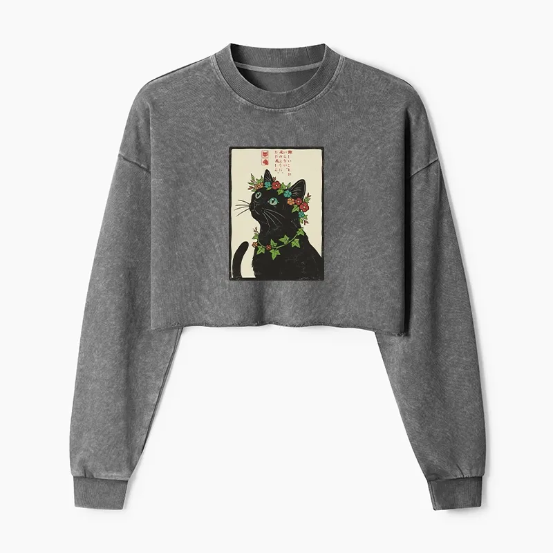 Tokyo-Tiger The Flower-Crowned Cat Washed Crop Sweatshirt